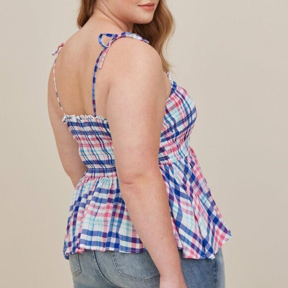Torrid Peplum Plaid Top Smocked Bodice Cami Crinkle Gauze Size 3 Summer Pink NWT - Picture 3 of 8